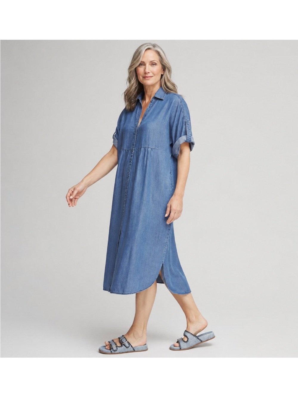 Chicos 2 Midi Lyocel Chambray Tunic Dress size Large Blue Casual NWT
